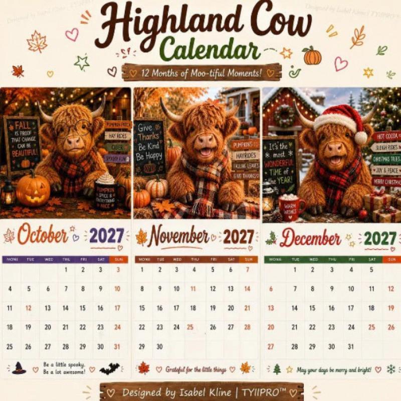 2027 Funny Highland Cow Wall Calendar Cute Animal Monthly Planner Home Office Decor