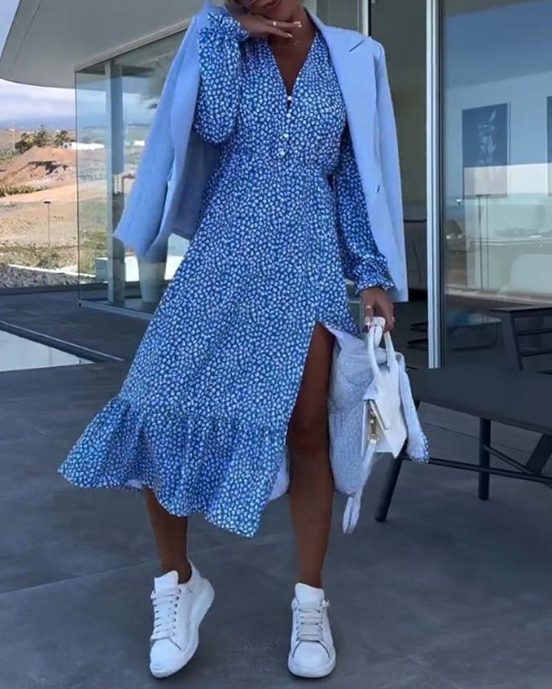 

HNXC Женская мода Лето Весна Цветочный принт Короткие рукава V-образный вырез Повседневные платья XXXL синий