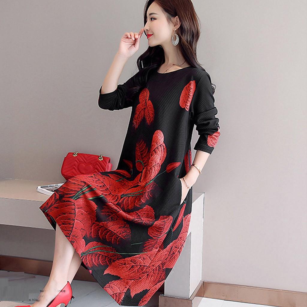 Fashion Casual Women Long sleeve Long Dress  Printed Loose Dress