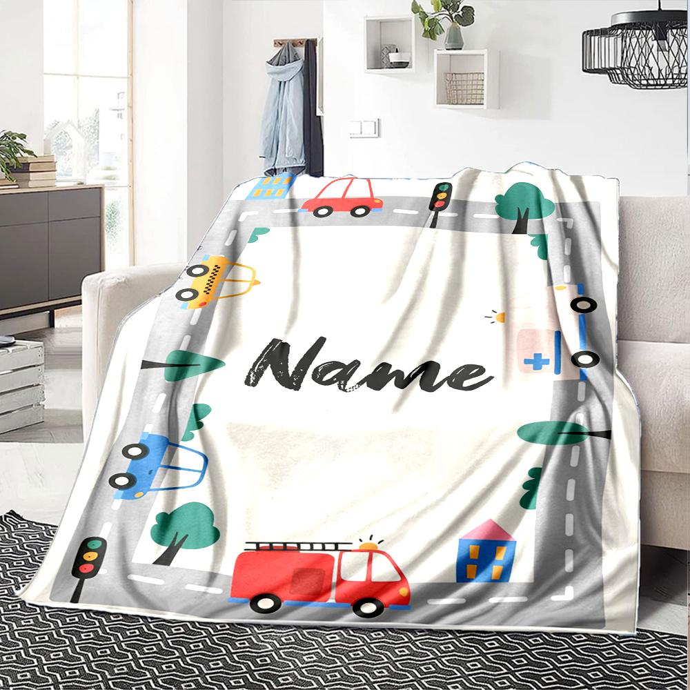 Custom Name Cute Cars Theme Printed Blanket - Perfect for Couch, Bed, Travel & Outdoor Use | Machine Washable, Cozy & Durable.