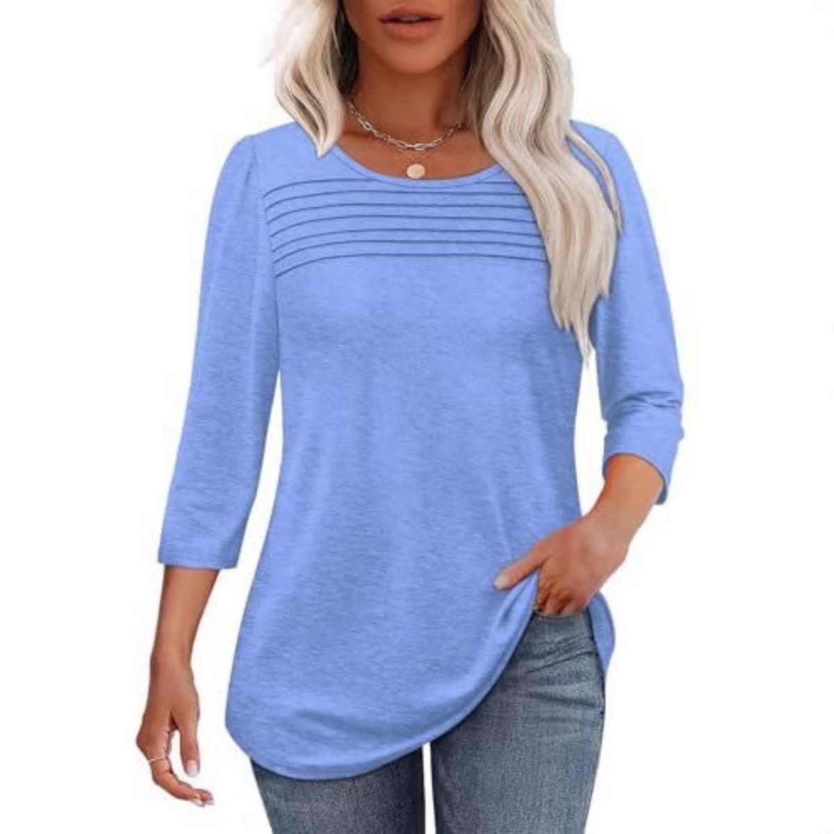 Women s Round Neck Three Quarter Sleeve Front Pleated Solid Irregular Hem Casual T Shirt Spring Daily Basic Tops S небесно-голубой