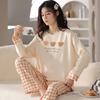 Spring and Autumn Casual Long-sleeved Pajamas Women's Round Neck Plaid Pants Cartoon Bear Autumn and Winter Thin Loungewear Can Be Worn Outside