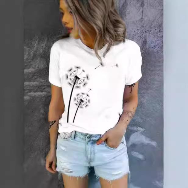 High quality loose and comfortable short-sleeved top summer trend casual women's T-shirt fashion simple dandelion print T