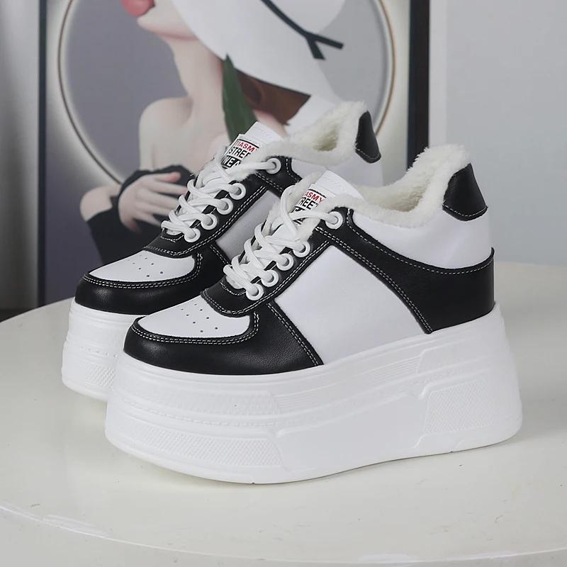 Fashion 12CM Genuine Leather Thick Sole Hidden Heel Fashion Vulcanize Ankle Booties Winter Plush Autumn Spring Shoes