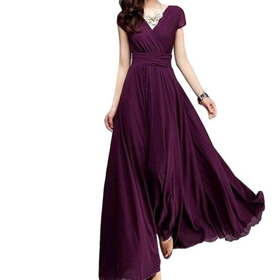 Plus Size Solid Color Women Party Suknia V Neck Krótki rękaw Slim Fit Maxi Dress