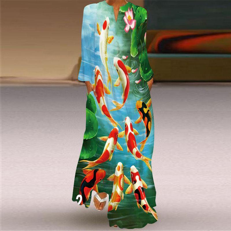 Chinese Style Dress Fancy Carp Pattern Print Long Sleeve Dress Travel Photography Stage Show Performance Costume