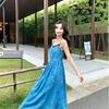 French sapphire blue long dress for women's summer waist and thin temperament elegant embroidery tie-dye suspender A-shaped skirt