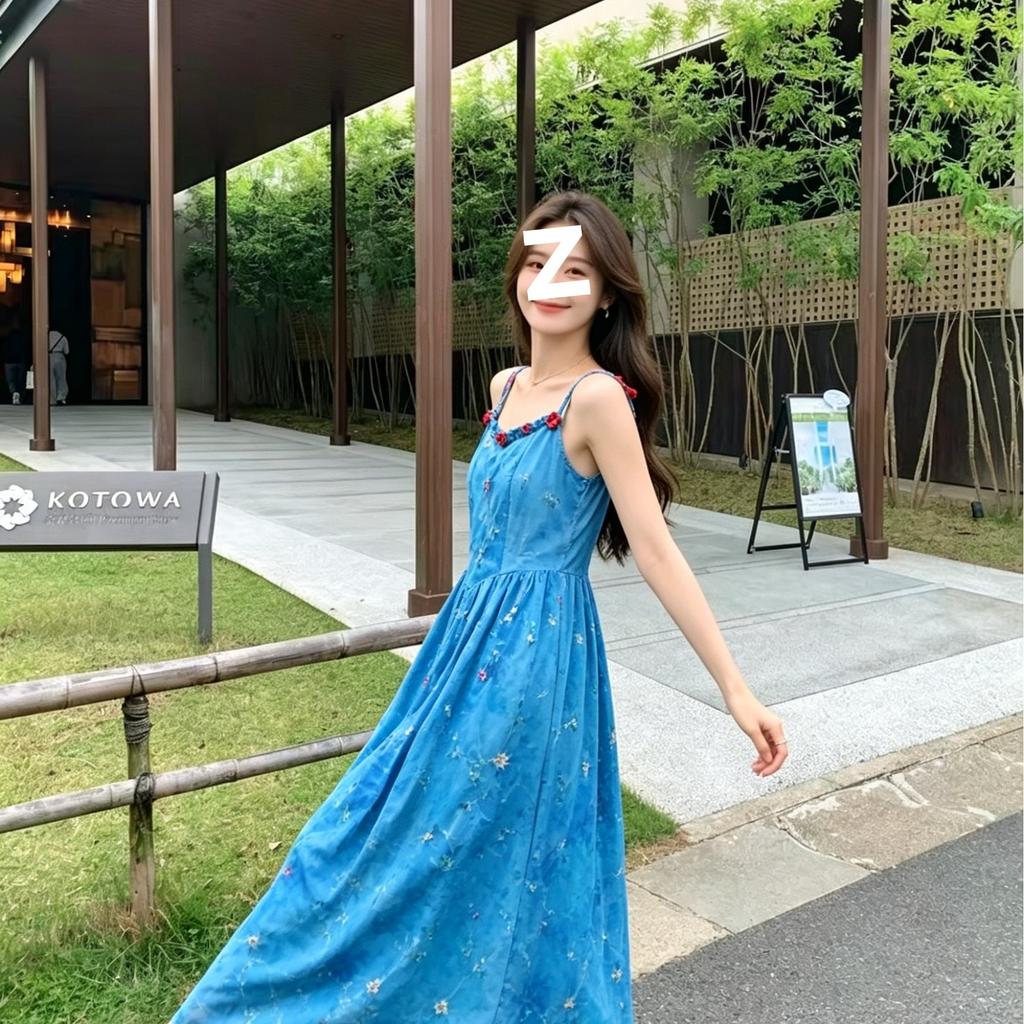 French sapphire blue long dress for women's summer waist and thin temperament elegant embroidery tie-dye suspender A-shaped skirt