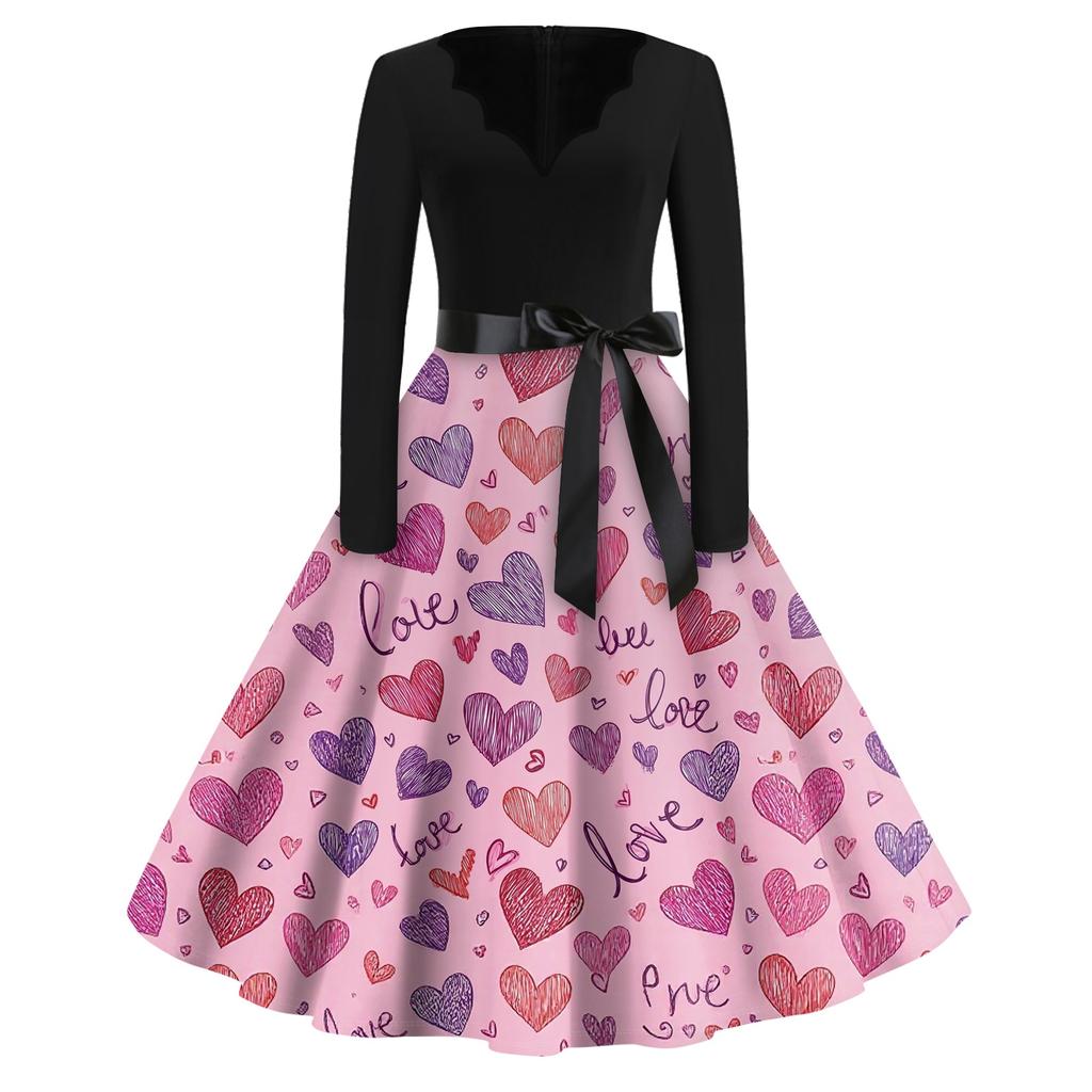 Print Flare Dress For Women Long Sleeve Dress Hollow Party Casual Dresses