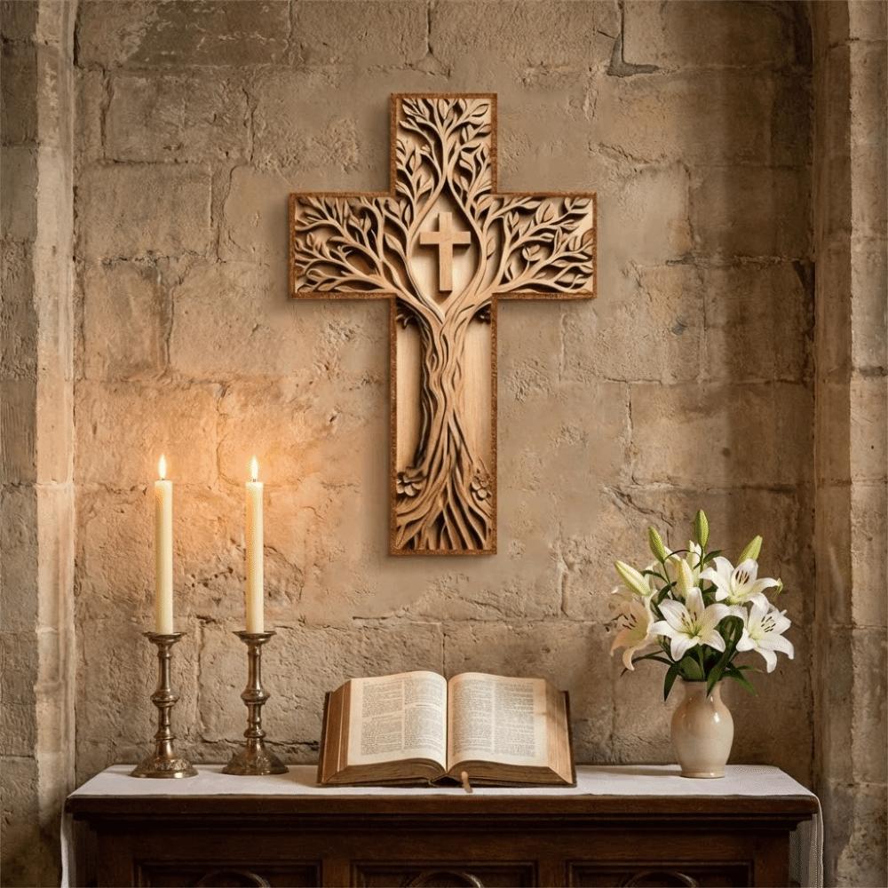 Baptism Gifts Wooden Wooden Cross Handcrafted 3D Design Wall Cross Hanging Plaque Crucifix Wall Art Church Decor