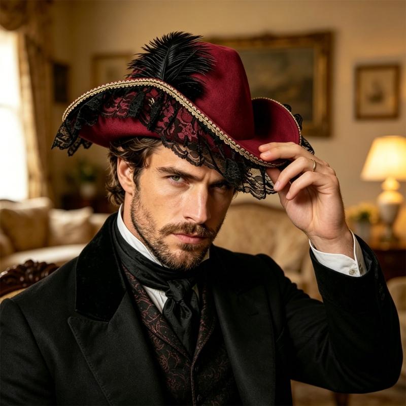 Stylish Black Pirate Hat With Lace And Feather Detail Halloween Cosplay Hat Perfect For Costume Parties