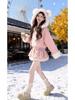 Dicke Rosa Blumen-Kapuzenjacke & Rock Set für Damen - Herbst/Winter Schulstil