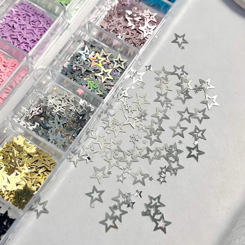 1box 3D Holographic Laser Hollow Star Nail Flakes 12colors Colorful Five-Pointed Star Nail Art Squins Sparkle Star Nail Stickers