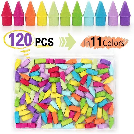 ZZTX Pencil Top Erasers, 120 Pack Eraser Caps Bulk, Erasers for Pencils, Eraser Toppers for Kids School Home Office, 11 Assorted Colors Erasers