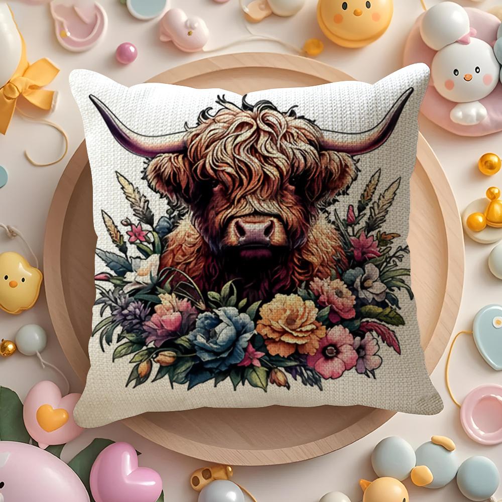 Highland cow and flower Cushion Cover Natural Linen Organic Fabric DoubleSided Printing Sofa Home Decor Gift Pillow Cover