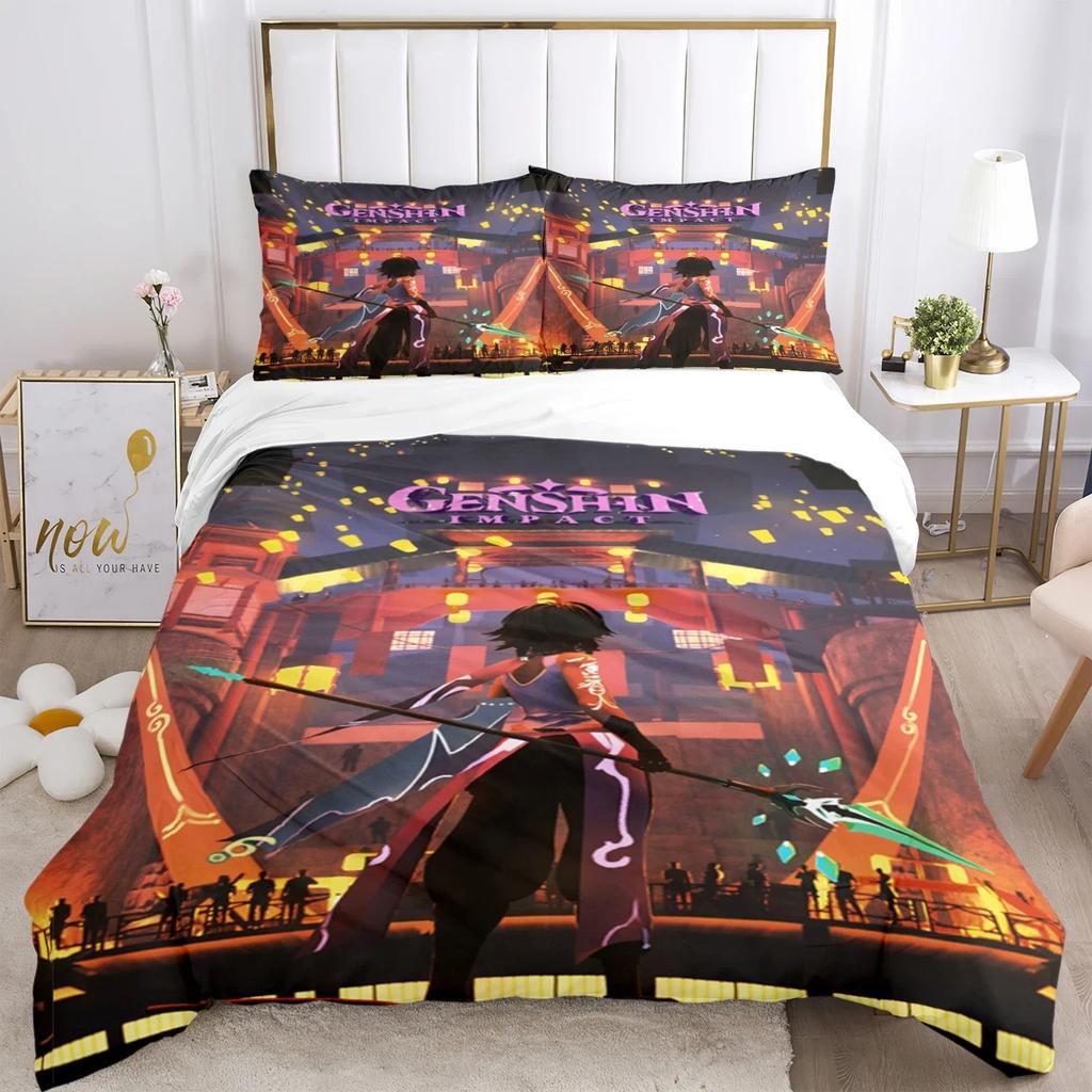 Genshin Impact Print Three Piece Bedding Set Fashion Article Children or Adults for Beds Quilt Covers Pillowcases Bedding Set