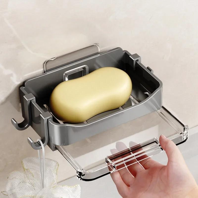 Soap Box Wall Mounted Soap Rack With Hooks Bathroom Draining Soap Mesh No Drilling Soap Dishes Household Drainage Storage Rack