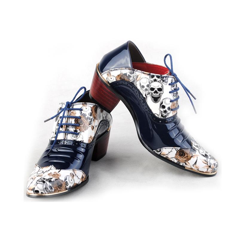 Luxury Height Increasing Patent Leather Oxfords Shoes Men Skull Pattern Party Wedding Shoes Thick Heel Men's Dress Shoes