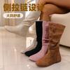 Foreign Trade Women's Large-size Boots Autumn and Winter New Side Zipper Pleated Fashion Boots Flat Bottom Suede Round Head