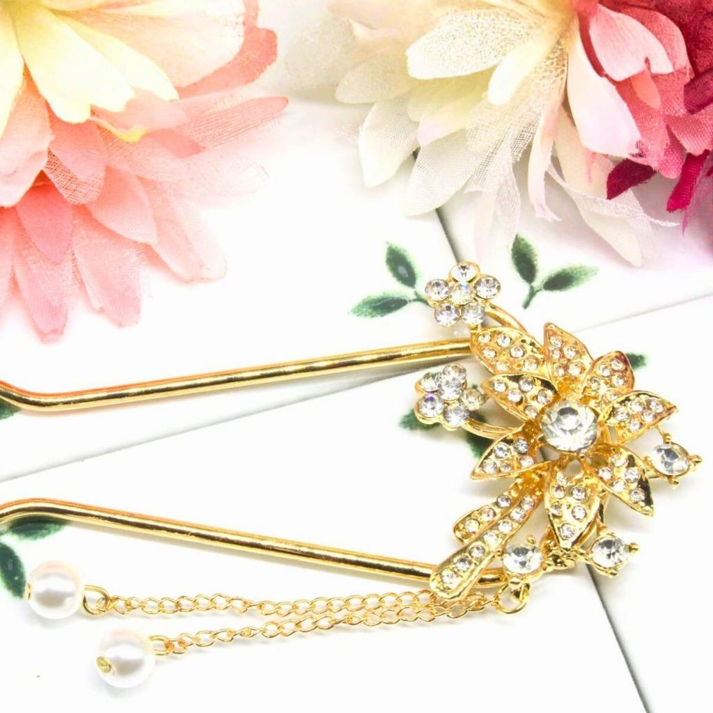 [MiaoMiao] Kanzashi Hair Ornament for Japanese Clothing, Yukata, U-shaped, Formal Kimono, Hair Accessory, Pearl, Metal, Antique, Crystal, Flower