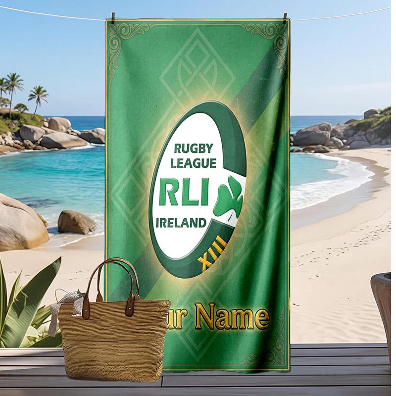 Ireland Rugby Custom Beach Towel, Print Your Name Text Lightweight Absorbent Towel for Swimming Travel
