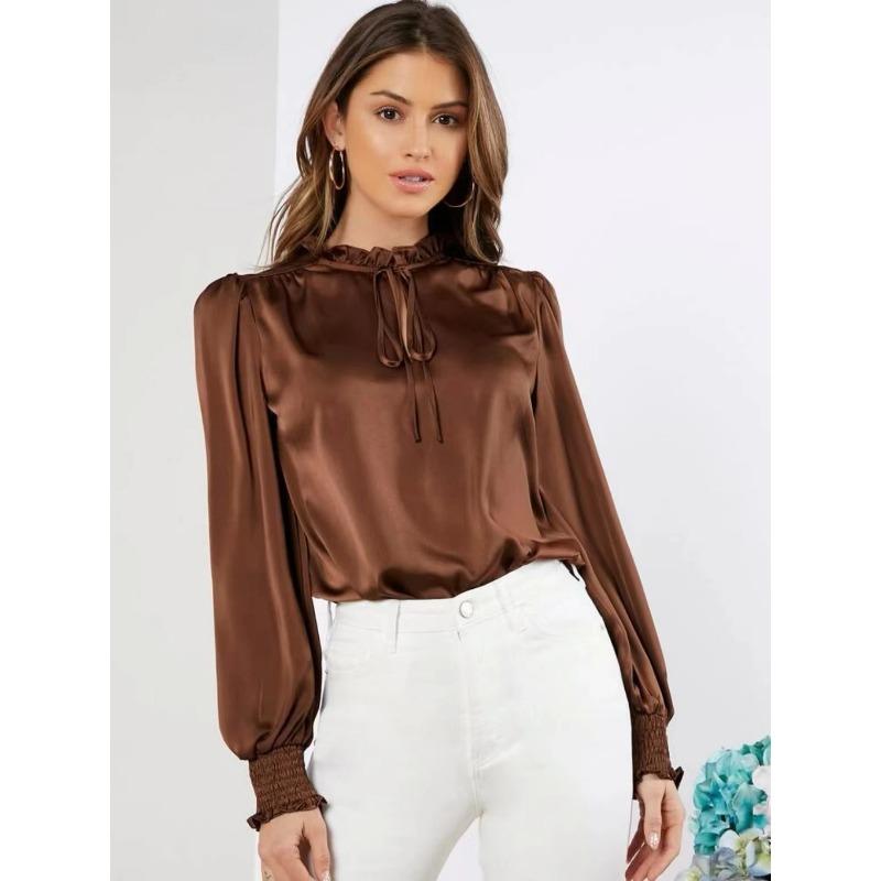 

Весна Осень Элегантный Однотонный Круглый Вырез Длинный Рукав Бретель Прямой Труба Шелковый Женский Верх Блузки и Рубашки XXL темно-коричневого