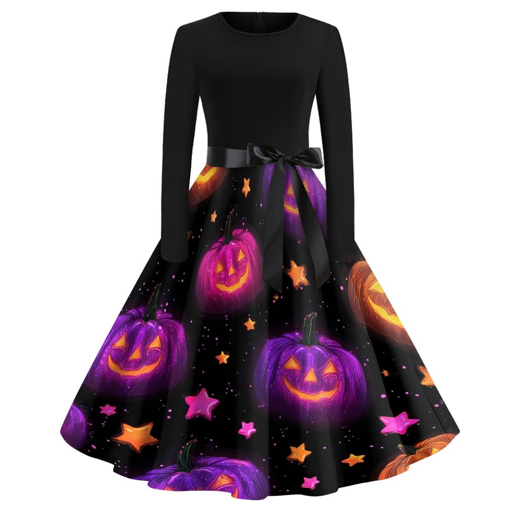 Women's Casual Vintage Halloween Print Dress Long Sleeve Round Neck A-Line Retro Style Midi Dress with Waist Tie for Seasonal Wear