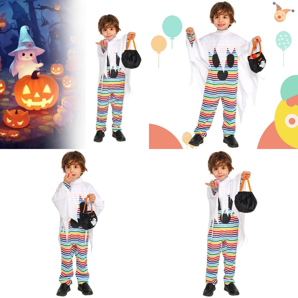 Halloween Child Costume For Kids With Polyester Fabric And Playful Striped Ghost Design For Party Performance