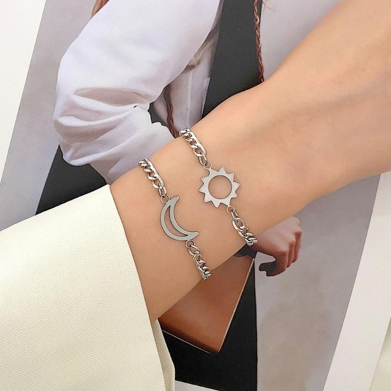 2Pcs/set Stainless Steel Simple Hollow Love Sun Moon Chain Bracelets Temperament Ins Chain Ladies Couple Card Bracelet