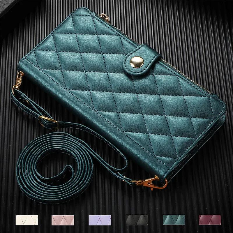 Redmi 14C 13C 13R 12 10 A1 Phone Case for Xiaomi Redmi Note 13 12 11 10 9 Pro Rhombus Grid Long Hanging Rope Flip Wallet Cases