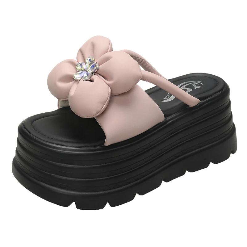 Fashion 8CM Platform Slippers Sandals Woman Bling Diamond Bowknot Thick Sole Slippers Women Chunky Flip Flops Summer Casual Beach Slides