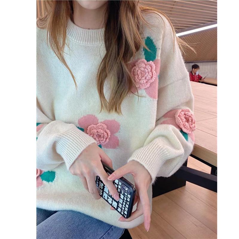 Цветочный свитер, женский осенне-зимний теплый свободный мягкий вязаный свитер, женский пуловер, свитера, топы One Size белый