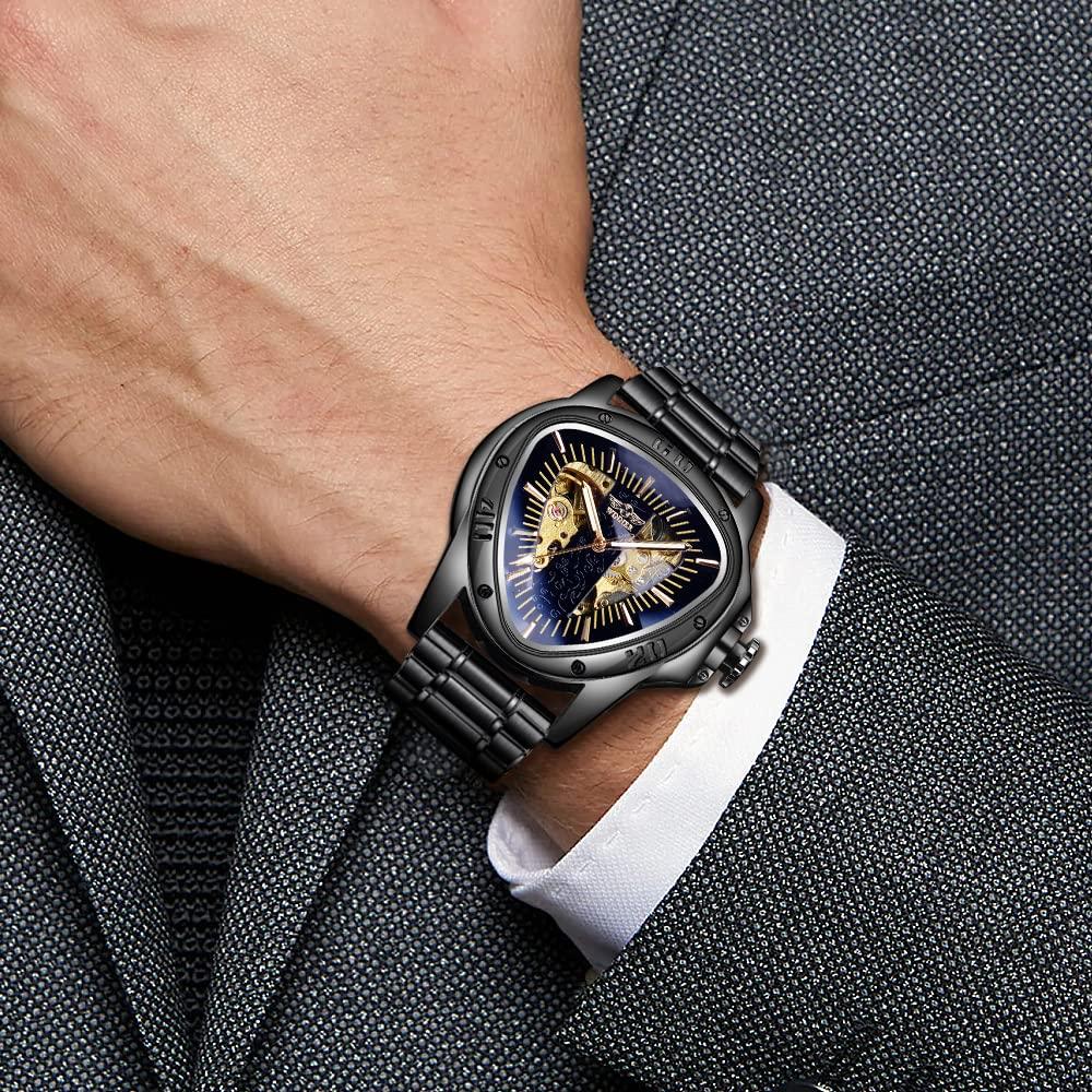 FORSINING Mechanical Wristwatch Triangle Racing Dial Waterproof Gold Skeleton Dial Automatic Movement Leather Design Men Black L Classic