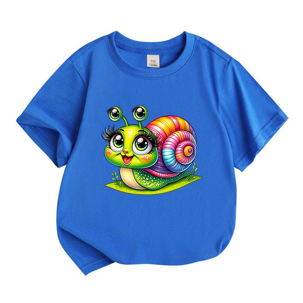 Kids Boys Girls 100% Cotton Crew Neck Short Sleeve T-Shirt, Cute Cartoon Rainbow Snail Print Casual Soft Breathable Summer Tee for Daily Wear
