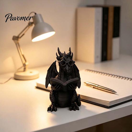 Dragon Ornaments 3D Printed Reading Figurine, Cute Statue with Glasses Fantasy Book Decor Book, Desktop Bookshelf Decor, Lover Gift Whimsical Desk
