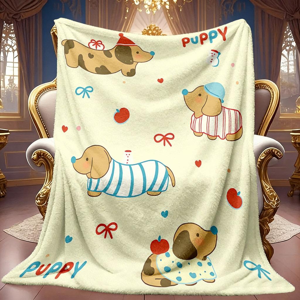 1pc 2D Cute Dachshund Puppy Theme Pattern Flannel Blanket, Soft HD Digital Print Cooling Blanket All Year Round! Soft And Breathable 100% Polyester Fi
