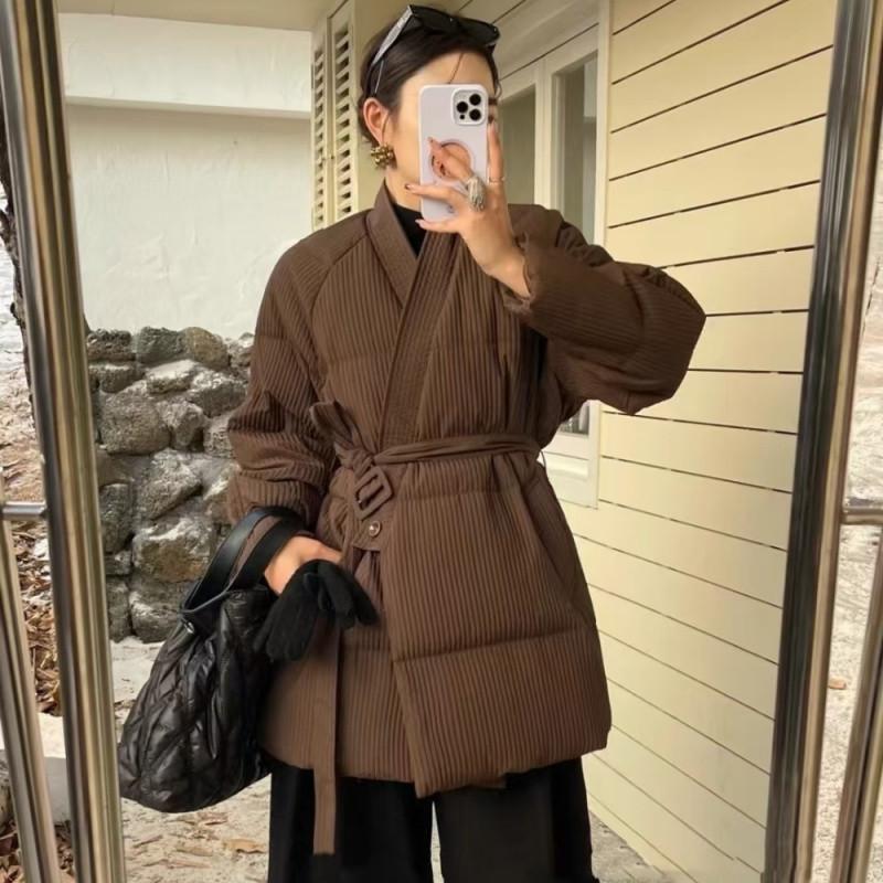 Korean Style V-neck Belted Down Jacket for Women In Autumn and Winter New Style