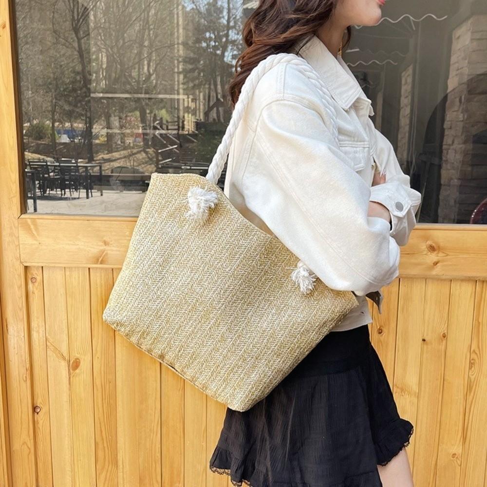 Elegant Bohemian Straw Tote Bag Solid Color Large Capacity Beach Handbag Versatile Convenient Underarm Shoulder Bag Summer