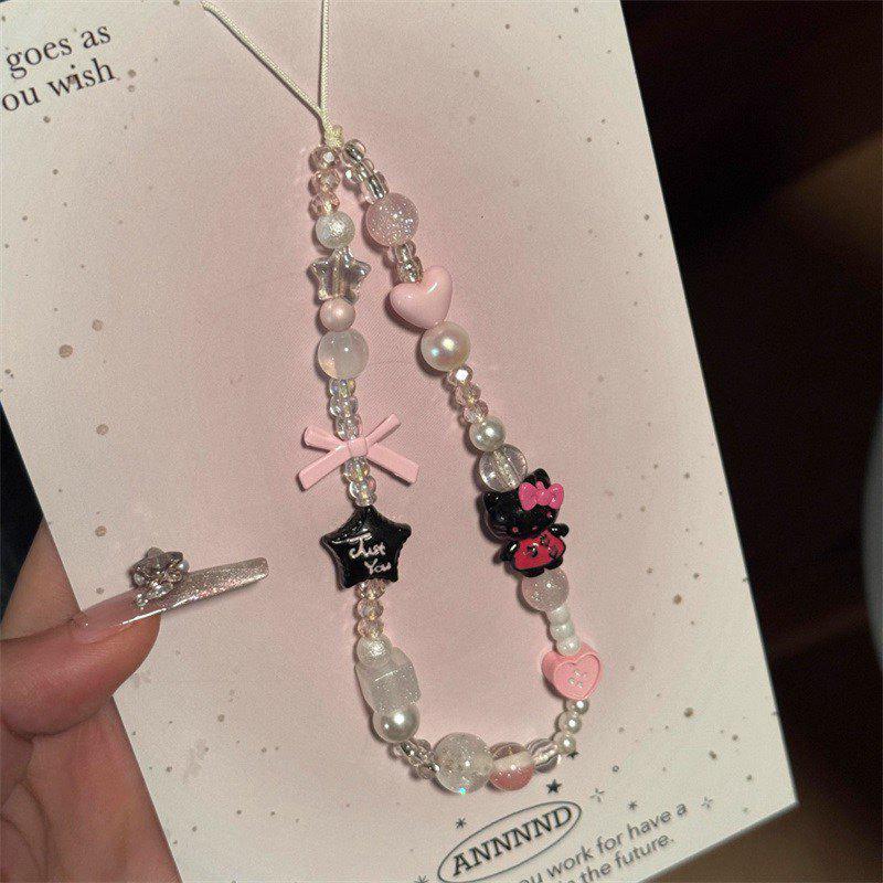 Pink Beaded Cat Bowknot Phone Lanyard for Women - Cute Anti-lost Accessory