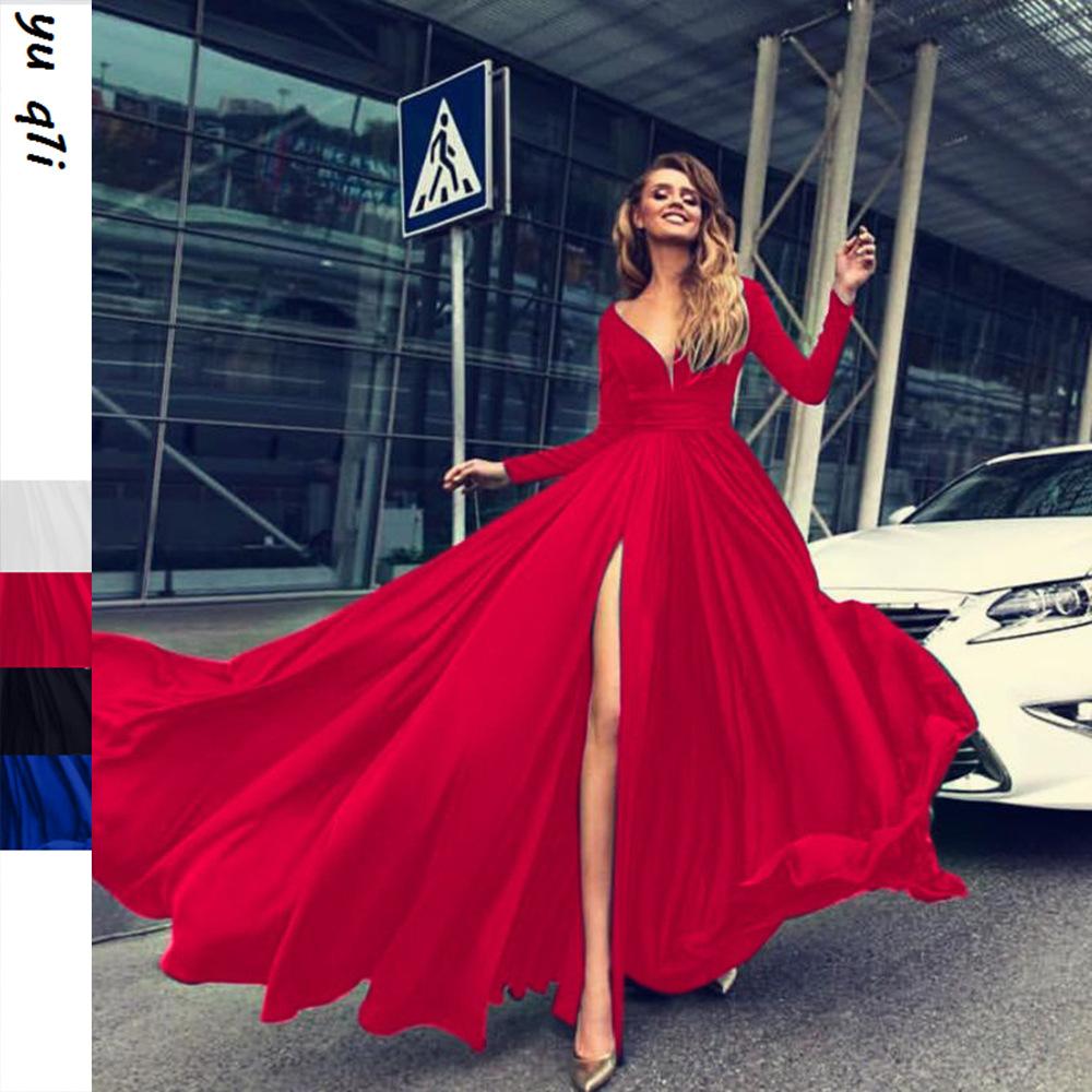 2026 Nouvelle Robe Sexy en Soie de Lait Décolleté Plongeant, Manches Longues, Large Ourlet, Fente pour Robes de Soirée Robes Longues Élégantes avec Haute Fente