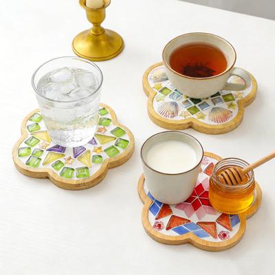 Yousheng 1 Set DIY Mosaic Tile Coaster Set Mixed Color Mosaic Kit with Wooden Coaster Kids Adults Handmade Mosaic Crafts Coaster with Accessories