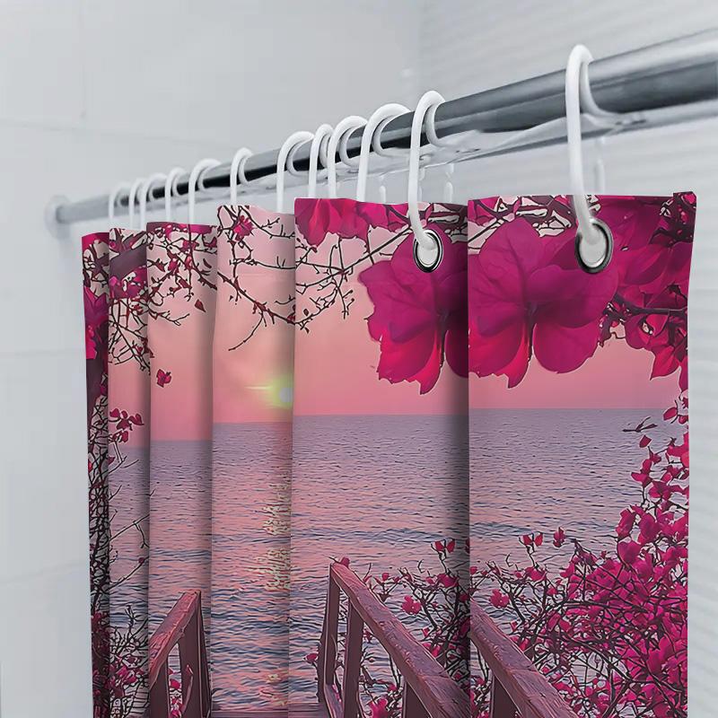 Stylish Shower Curtain With Scenic Sunset And Blossoming Flowers - Perfect For Home Decor Waterproof Durable Elevate Space