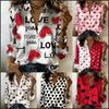 Women Satin Long Sleeve Blouse Heart Print Turn‑down Collar Button Loose Shirt Casual Office Tops