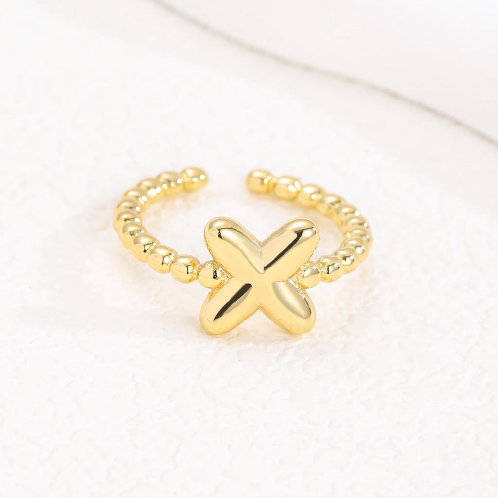 Adjustable 18K Gold Bubble Beaded Open Ring with 26 Alphabet Options