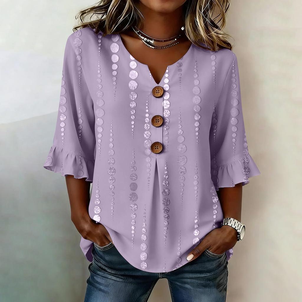Womens V Neck Striped Print Button Loose Fit Ruffle Sleeve Blouse Casual Relaxed Fit Top for Everyday Wear