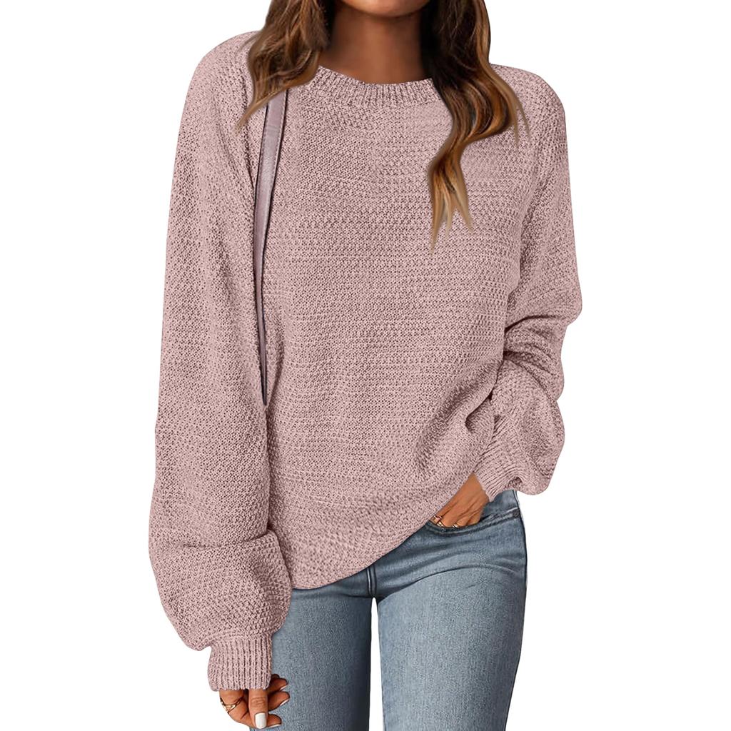 Women's Fashion Round Neck Pullover Sweater Casual Versatile Solid Color Knit Top