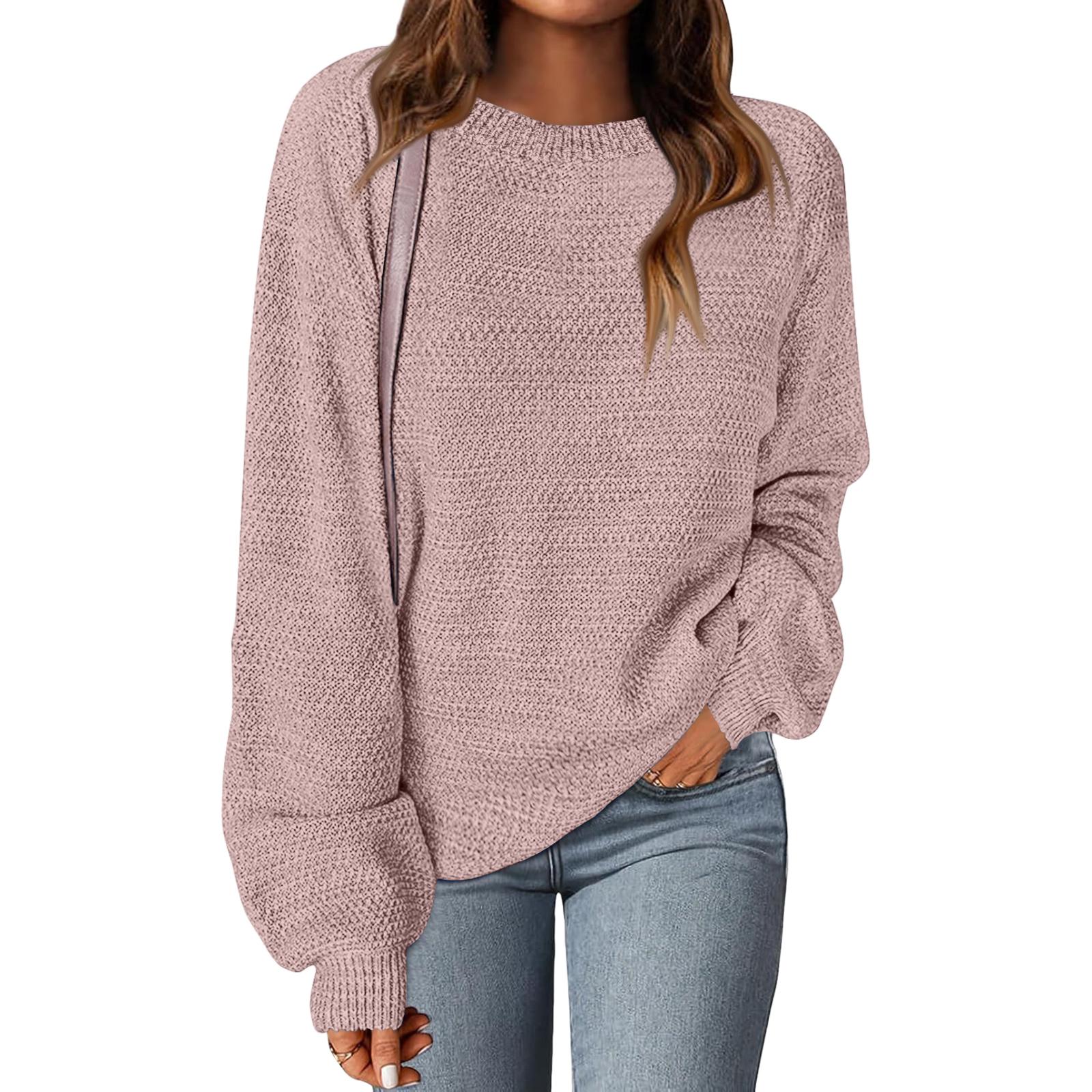 

Women s Fashion Round Neck Pullover Sweater Casual Versatile Solid Color Knit Top XS розовый