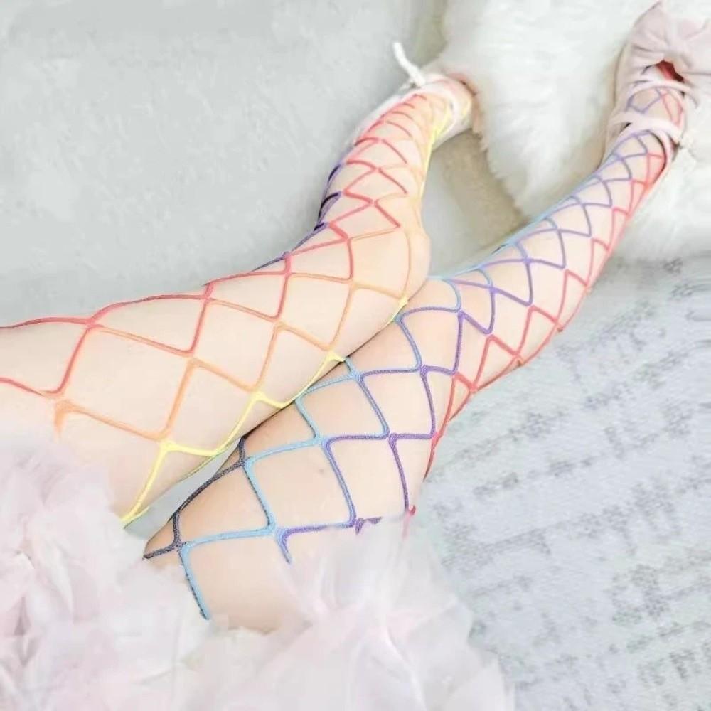 Y2K Rainbow Fishnet Stockings Large Mesh Sexy Mesh Stockings See-through Tights  Girls