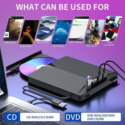 7-in-1 USB 3.0 TypeC External Mobile Drive CD DVD Burner High-Speed Slim for Windows 11/10/8/7/Linux/ OS