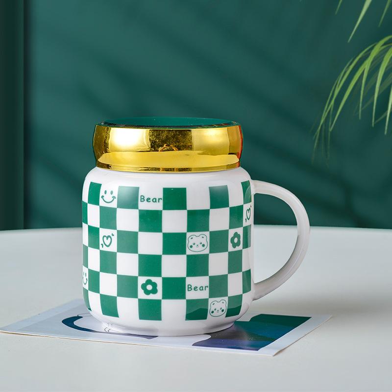 High Value J Mirror Chess Lattice Ceramic Cup Home Office Water Cup Coffee Cup Bear Mug Gift